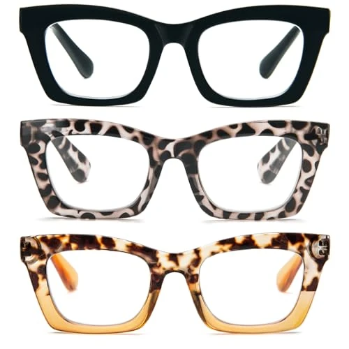 Offerta a tempo: Kodilin 3 Pacco Occhiali da Lettura Vintage Oversize Square Frame Grande Retrò Quadrati Rettangolar Anti Luce Blu per Donna Cerniera a molla Nero+Leo+Giallo 1.5 - 20% da 11.99 € a 9.59 €