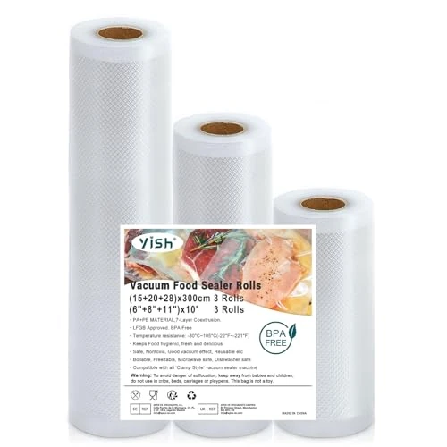 Offerta a tempo: YISH Sacchetti Sottovuoto Alimenti：3 Rotoli Buste Sottovuoto Alimenti 15/20/28x300cm, Sacchetti Sottovuoto Goffrati Senza BPA, Rotoli Sottovuoto Alimenti per Macchina Sottovuoto e Sous Vide Cucina - 25% da 8.99 € a 6.77 €