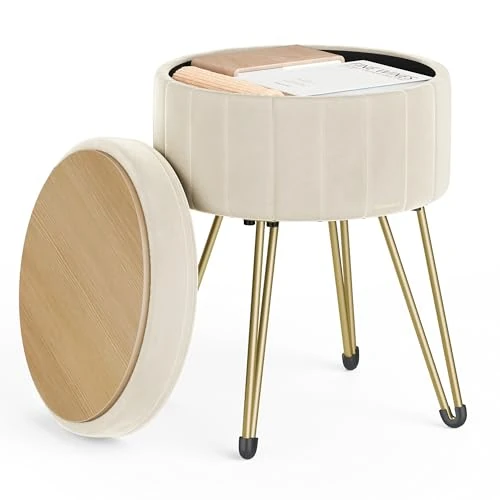 Tijdelijke aanbieding: SONGMICS Ronde kruk met opbergruimte, fluwelen kaptafelkruk, diameter 39 cm, hoogte 44,4 cm, 4 metalen poten, voor kleedkamer, woonkamer, slaapkamer, crèmewit LOM003W01 van 37.99 € naar 37.99 € (0.00% korting)