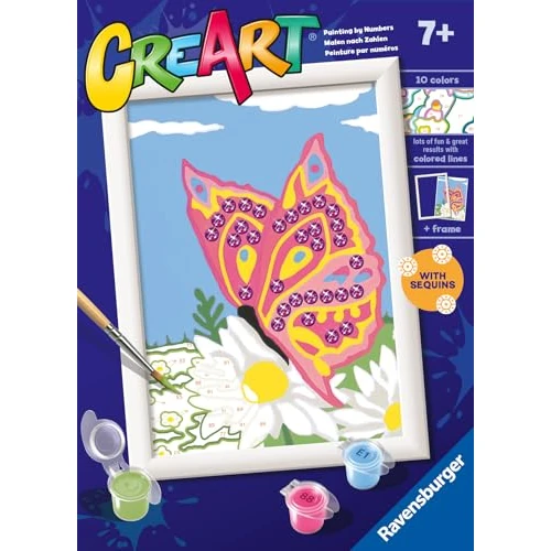 Ravensburger CreArt: Farfalla scintillante – Dipingere con i Numeri per Bambini 7+ Anni, Kit Pittura con Tavole, Cornice, Pennello e Colori Inclusi, 14 x 19 cm, Idee Regalo