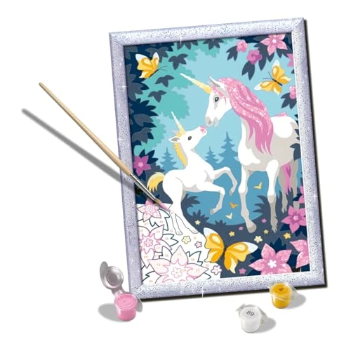 Ravensburger - CreArt Série D Classic : Licornes à paillettes, kit de peinture par numéros, contient une table pré-imprimée, un pinceau, des couleurs et des accessoires, jeu créatif pour garçons et