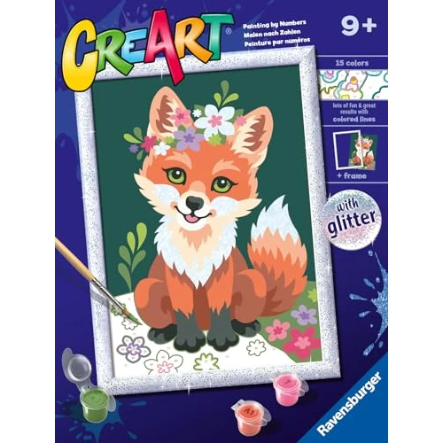 Ravensburger - CreArt Classic D Series: Fox with Flowers, Paint by Number Kit, Contains a Pre-Printed Board, a Brush, Colors and Accessories, Creative Game for Boys and Girls 9+ Years