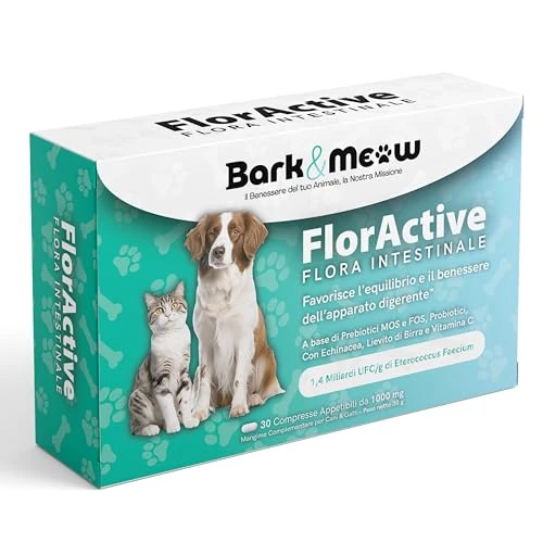 FlorActive Fermenti Probiotici per cani e gatti 1,4 miliardi UFC. Favorisce l'equilibrio intestinale e ristabilisce la flora batterica. Con Prebiotici FOS e MOS. 30 Compresse