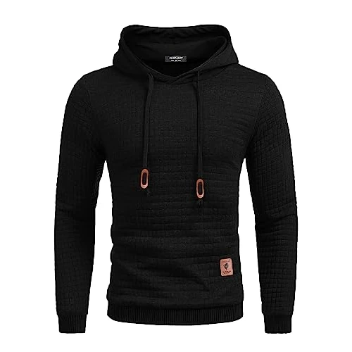 COOFANDY Męska bluza z kapturem, hipsterska na siłownię, długi rękaw, sweter roboczy, ściągacz w kratkę, żakardowy sweter z kapturem, czarny, M