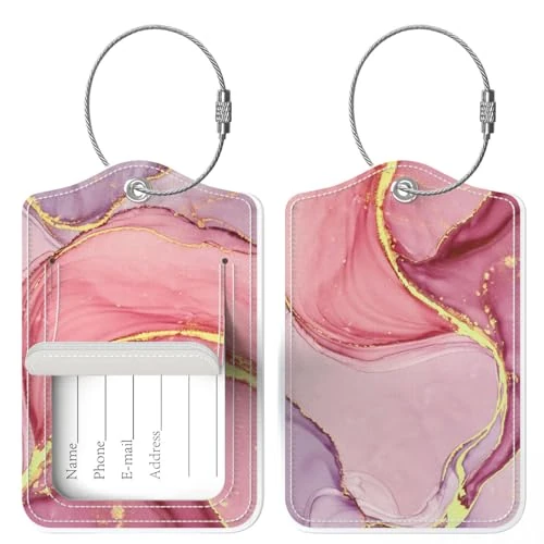 Audimi 2 Pcs Luggage Tags,Suitcase Tags with Privacy Protection Stainless Steel Loop and Address Card for Women Men Girls Travel Bag Suitcase,Red Marble