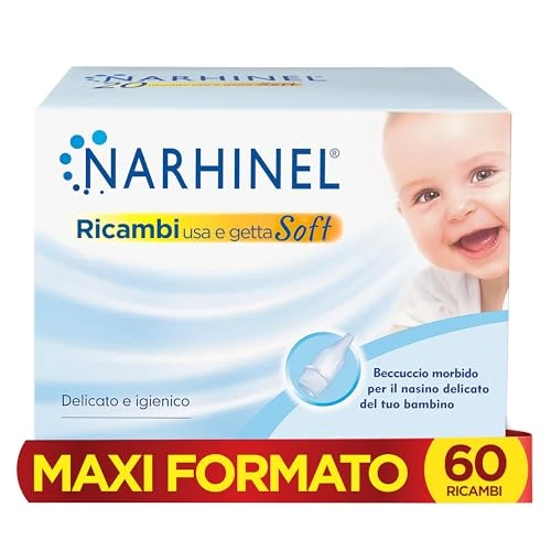 Narhinel Maxi formato 60 recambios para aspirador nasal bebé y niños con filtro higiénico absorbente para retener el moco, desechable, suave, paquete de 60 recambios