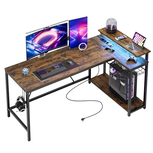 Offerta a tempo: Bestier 147cm Scrivania a forma di L con prese di corrente, scrivania ad angolo per l'ufficio con ripiani reversibili e luci LED - Scrivania da studio moderna e semplice per piccoli spazi, marrone - 40% da 114.99 € a 68.68 €