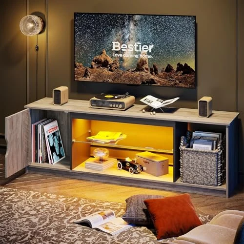 Offerta a tempo: Bestier Mobile TV basso per TV da 65 pollici e piccoli televisori, 145 x 35 x 52 cm, con luci LED RGB & ripiani in vetro regolabili per soggiorno, camera da letto - 38% da 125.99 € a 78.49 €