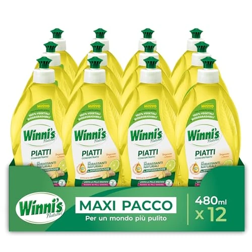 Offerta a tempo: Winni's - Detersivo Piatti e Stoviglie a Mano, Bergamotto e Zenzero, Concentrato, Ipoallergenico, con Sgrassanti Naturali da Biofermentazione, Materie Prime di Origine Vegetale, 480 ml x 12 Confezioni — 39% da 23,20 € a 14,24 €