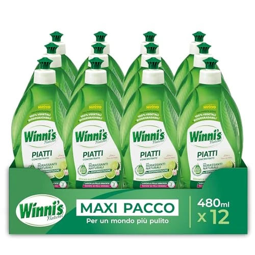 Winni's - Handwaschmittel und Geschirr, Limetten und Apfelblüten, Konzentrat, hypoallergen, mit natürlichen Entfettungsmitteln aus Biofermentation, Rohstoffe pflanzlichen Ursprungs, 480 ml x 12