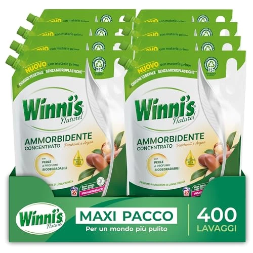 Winni's - Hypoallergenes Weichspülerkonzentrat, Ecoformat, 400 Waschgänge, Duft Patschuli und Argan, mit biologisch abbaubaren Duftperlen, 1250 ml x 8 Packungen