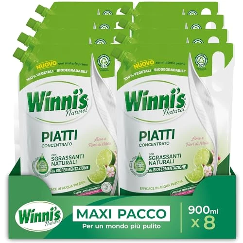 Offerta a tempo: Winni's - Detersivo Piatti e Stoviglie a Mano, Lime e Fiori di Mela, Concentrato, Ipoallergenico, con Sgrassanti Naturali da Biofermentazione, Materie Prime di Origine Vegetale, 900 ml x 8 confezioni - 35% da 22.99 € a 14.99 €