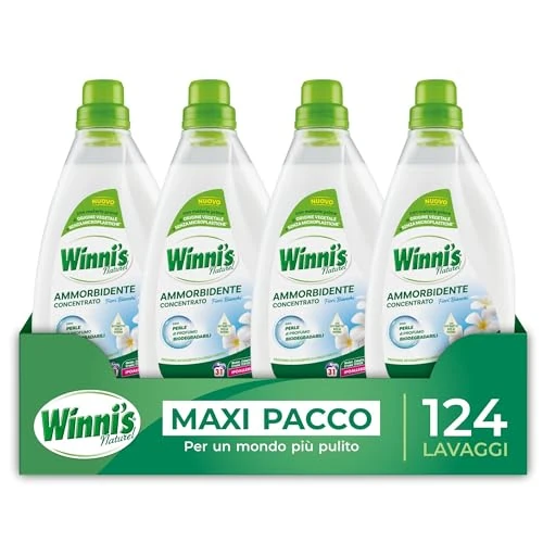 Winni's - Weichspüler, hypoallergen, Konzentrat, Ecoformat, 124 Waschgänge, Duft weiße Blumen, mit biologisch abbaubaren Duftperlen, 775 ml x 4 Packungen