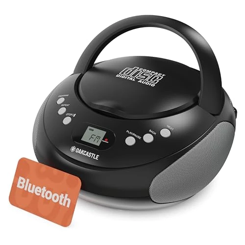 Przenośny odtwarzacz CD Bluetooth z radiem FM, odtwarzanie płyt CD, CD-R, CD-RW z programowalną pamięcią 20 tytułów, łatwa obsługa, wyświetlacz LED, gniazdo słuchawkowe, OAKCASTLE CD250 (czarny)