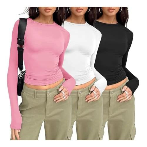 Offerta a tempo: MSIYOW 3 Pezzi Maglia Maniche Lunghe Donna Magliette T-Shirt Donna Y2K Manica Lunga Crop Top (XL, Rosa, Bianco, Nero) - 40% da 19.99 € a 11.99 €