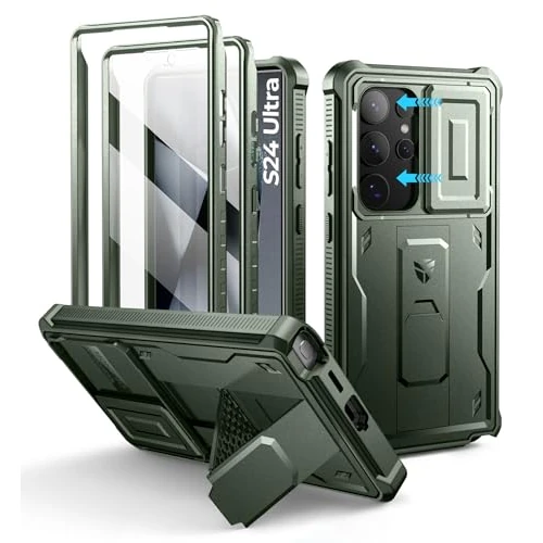 Dexnor for Samsung Galaxy S24 Ultra Case with Built-in Slide Camera Cover & Screen Protector & Kickstand, Heavy-Duty Shockproof Rugged Case Full-Body Bumper Protective Cover for S24 Ultra - Green