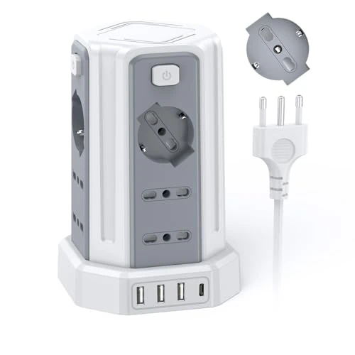 Power Strip with 12 Universal Sockets ITA 10/16A and Schuko and 3 USB A+1 USB C Surge Protection with 4 Independent Switches, White