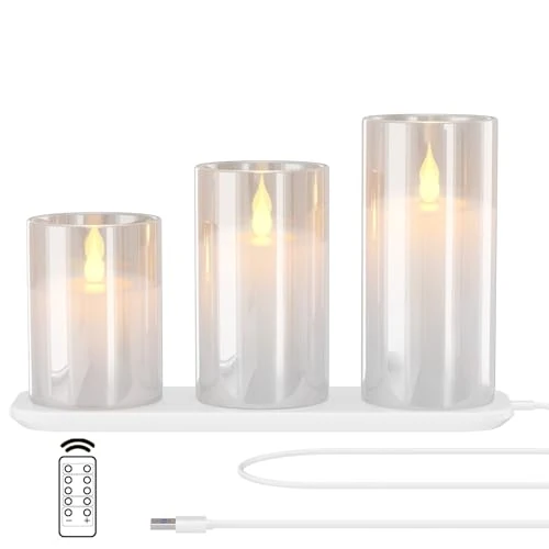 EXTSUD Rechargeable Flameless Candle, Set of 3 Flickering Glass LED Candles with Charging Base and Remote Control, Tea Lights with Timer Function for Festival Wedding Party Decoration