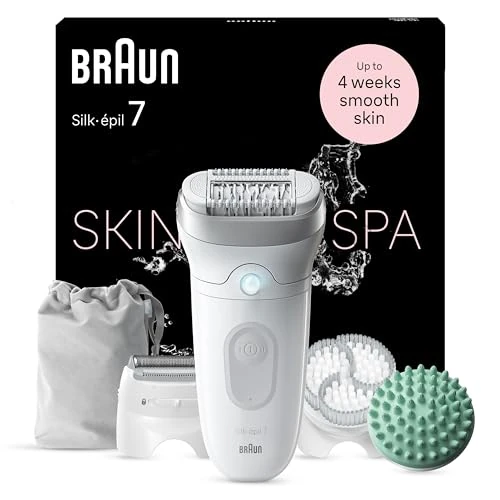 Braun Silk-épil 7 SkinSpa zestaw All-In-One, depilator dla kobiet/depilator do długotrwałego usuwania włosów, nasadka do golenia, nasadka do masażu, 7-081, biały/srebrny