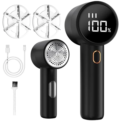 BZGG Levapelucchi Elettrico,Display Digitale LCD,Rimuove i Pelucchi per 3 Livelli di Potenza Regolabili, Taglia Pelucchi a 6 Lame per vari Tessuti,Nero