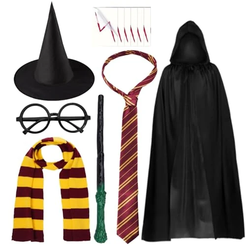 Limited-time offer: Kavoc Wizard World Cosplay Outfit Red Yellow Striped Scarf Bow Tie Witch Hat Black Glasses Cape for World Book Day Dress Up Supplies (S) from 14.99 £ to 14.99 £ (save 0.00%)