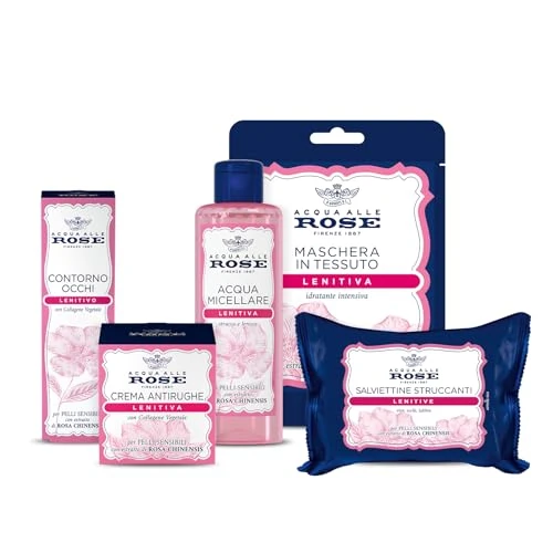 Acqua alle Rose, Zestaw Rutyny kojącej twarzy, do skóry wrażliwej lub suchej, zawiera wodę micelarną, krem przeciwzmarszczkowy, kontur oczu, maska z tkaniny i chusteczki do makijażu - ekskluzywna