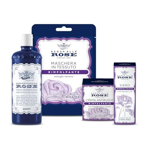 Acqua alle Rose, Routine-Set ohne Zeitalter für Gesicht, erfrischendes Tonikum, Lifting Gesichtscreme, Maske aus Stoff und Serum mit Hyaluronsäure, geeignet für normale oder Mischhaut,