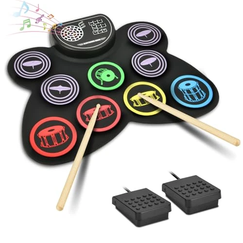 Offerta a tempo: OFFCUP Batteria Elettronica Portatile, 9 Pads Electronic Drum Kit con 2 Bacchette e Pedali, con Altoparlanti Stereo, Colorat Pieghevole Roll Up Tamburo Digitale per Bambini, Adulti e Principianti - 15% da 54.99 € a 46.74 €
