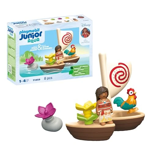PLAYMOBIL Junior & Disney 71459 Barca di Vaiana, con fiori galleggianti e un gallo, giocattolo sostenibile realizzato in plastica a base vegetale, giocattolo per bambini dai 12 mesi in su