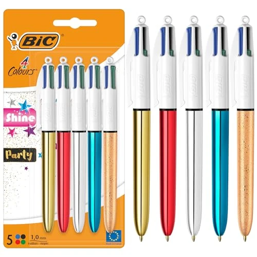 Offerta a tempo: BIC Penne a Sfera a Scatto 4 Colours Shine e Party Punta Media (1,00 mm) con fusto nei Colori Argento Metallizzato, Oro, Rosso, Blu e Oro con Effetto Champagne - Confezione da 5 - 22% da 13.69 € a 10.62 €