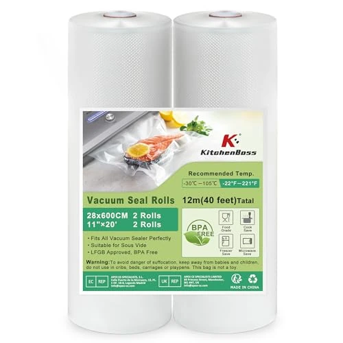 Offerta a tempo: KitchenBoss Sacchetti Sottovuoto Alimenti：2 Rotoli 28x600cm Buste Sottovuoto Alimenti, Rotolo Sottovuoto Alimenti per Conservazione Alimenti, Rotolo Sottovuoto per Macchina Sottovuoto, Senza BPA - 22% da 11.99 € a 9.34 €