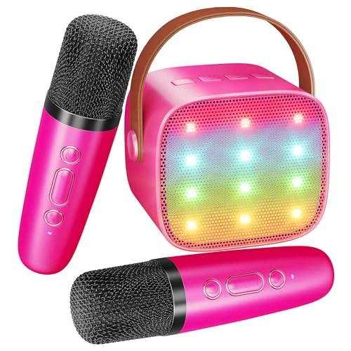 BONAOK Micrófono Karaoke Juguetes 2 Micrófono, Máquinas de Karaoke Bluetooth para Niños Adultos, Reproductor de Karaoke Portátil Micrófono para Cargar, Juguete Electrónico para Niños (Rosa)