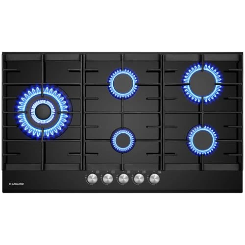 GASLAND GH2905BG1FC szklana płyta gazowa, 5-palnikowa, gazowa płyta kuchenna z palnikiem wok, płyty gazowe do zabudowy, 87 cm, czarna kuchenka szklana, kuchenka gazowa z 2 wspornikami, kuchenka gazowa