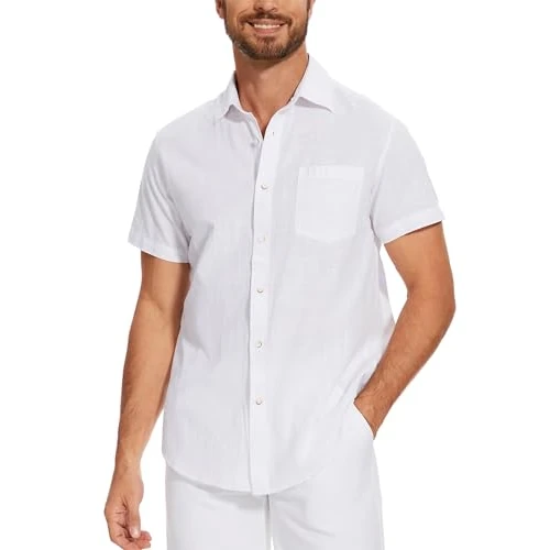 Offerta a tempo: iClosam Camicia Lino Uomo Cotone Maniche Corte Estiva Camicie Shirt Uomo Casual Bianco,L - 0.0% da 7.99 € a 7.99 €