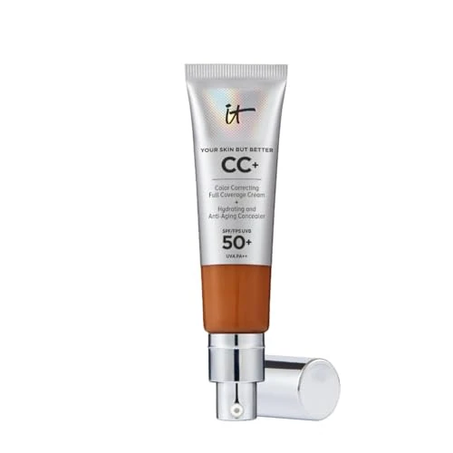 IT Cosmetics CC+ Crème, Fond de Teint Haute Couvrance SPF 50, Correcteur de Teint & Sérum Anti-Âge, Enrichi en Niacinamide & Acide Hyaluronique, Fini Naturel, Tous Types de Peau, 32 ml, Rich Honey