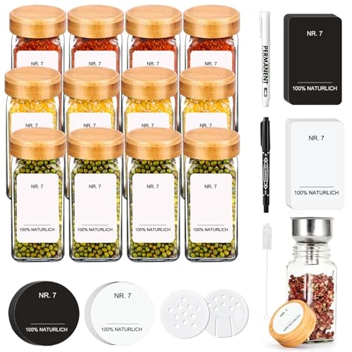 Tijdelijke aanbieding: SAEIV Premium Bamboe Houten Bekleding Kruidenpotten, (12 x 120 ml) Kruidenpotjes Met Etiketten, Keuken Kruiden Organiser, Vierkante Kruidenpotjes Set van 23.99 € naar 23.99 € (0.00% korting)
