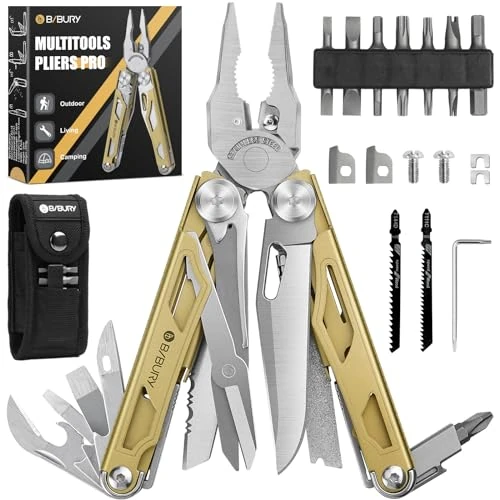 Offerta a tempo: BIBURY Pinza Multiuso, Pinza Multifunzione in Acciaio Inox, Multitool con Forbici Potenziati, 2 Seghe Sostituibili e Set di Cacciaviti, Idee Regalo Uomo Compleanno Regalo Anniversario Originale - Oro - 43% da 69.99 € a 39.99 €