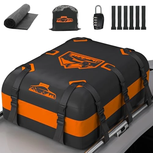 Offerta a tempo: Rymopuey Box Tetto Auto 20Cu.Ft/566L, Baule Auto Tetto Inimpermeabile 1000D Arancia, Baule Auto Tetto con Tappetino Antiscivolo e 10 Cinghie, Box Tetto Auto per Auto con/senza Portapacchi - 16% da 89.99 € a 75.98 €
