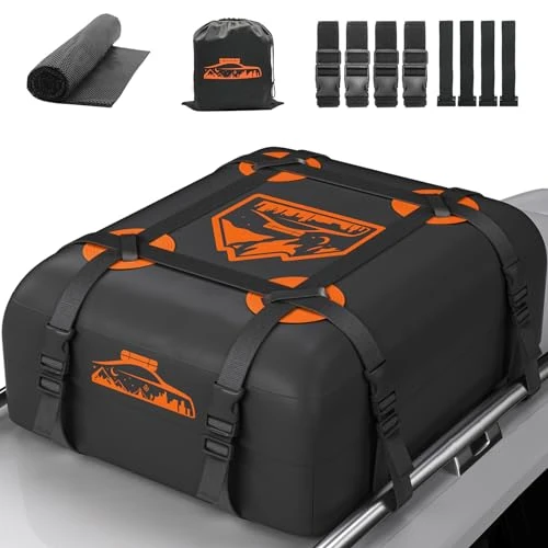 Offerta a tempo: Rymopuey Box Tetto Auto 15Cu.Ft/425L, Baule Auto Tetto Inimpermeabile 1000D Arancia, Baule Auto Tetto con Tappetino Antiscivolo e 8 Cinghie, Box Tetto Auto per Auto con/senza Portapacchi - 18% da 79.99 € a 65.97 €