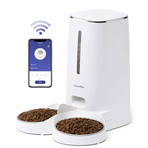 FUKUMARU Comedero Gato Automatico WiFi, 4L Dispensador Comida para Perro/Gato con Dos Cuencos, Programa Personalizado de Alimentación Automática, Funcionamiento por Pilas y cableado eléctrico, Blanco