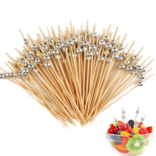 Set di 100 spiedini per snack, finger food, in legno, stuzzicadenti, bastoncini da cocktail per barbecue, antipasti, frutta, caramelle per feste, regalo di carnevale (perle argentate)