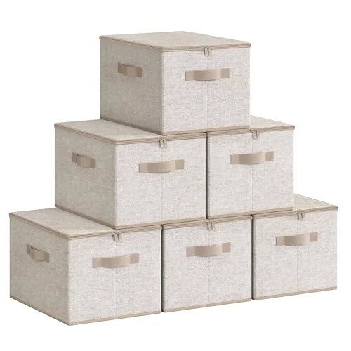 SONGMICS Scatole Portaoggetti con Coperchio, Contenitori Pieghevoli con Maniglie, Organizzatori per Vestiti, Set di 6, 40 x 30 x 25 cm, Tessuto non Tessuto, Beige Sabbia RZB003K02