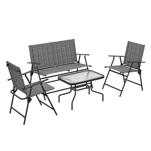 Outsunny 4-delige tuinmeubelset met salontafel van glas, 2 stoelen en inklapbare bank van metaal en netstof, grijs