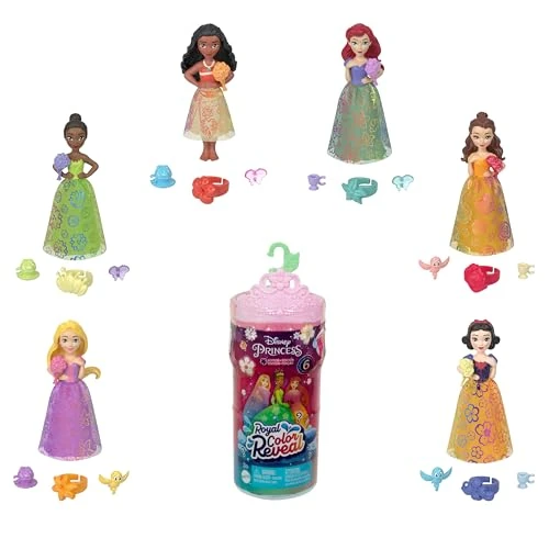 Mattel Princesses Disney Mini-Poupées Royauté Color Reveal avec 6 surprises, dont une bague parfumée et 4 accessoires (les poupées peuvent varier), série Garden-Party HRN63