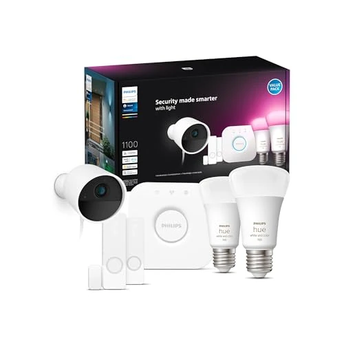 Philips Hue Secure Starter Kit con Telecamera Cablata, 2 Sensori di Contatto, 2 Lampadine E26 White and Color Ambiance, Bridge Centro di Controllo Hue, Conversazione Bidirezionale, Bianco