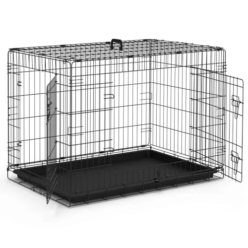 VOUNOT® Cage pour Chien Pliable avec 2 Portes Verrouillables et Plateau Amovible Cage Chien Pliante en Métal Cage de Transport pour Chien 107x70x78cm Noir