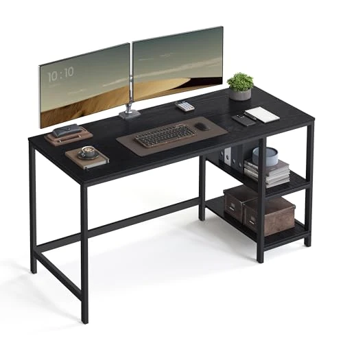 VASAGLE Bureau avec Rangement, Table d’Ordinateur, avec 2 Étagères Réversibles, Poste de Travail, pour Télétravail, Salon, Cadre en Acier, Style Industriel, Noir Boisé LWD055B02