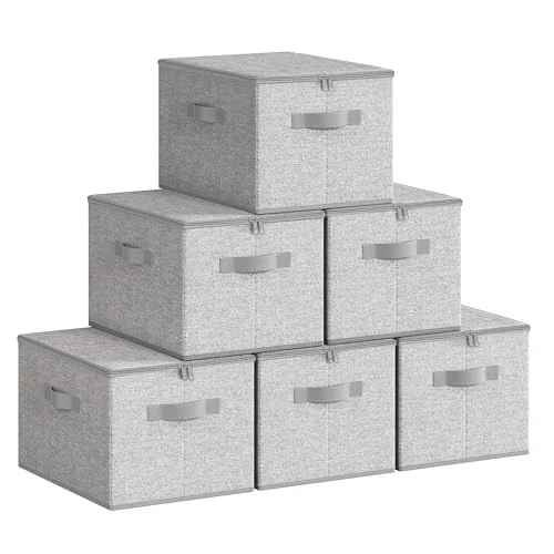 SONGMICS Cajas de Almacenamiento Plegables, Juego de 6 Organizadores en Cajas con Tapas y Asas, para Ropa, 40 x 30 x 25 cm, Tejido de Tela No Tejida, Gris Paloma RZB003W02