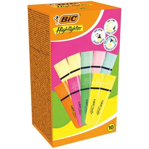 BIC Highlighter Subrayadores Flat - Colores en Tonos Intensos y Pastel, Surtido, Pack de 10