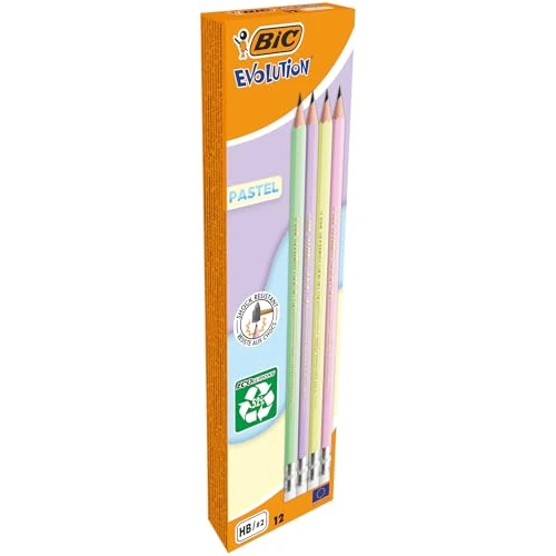 Offerta a tempo: Matite in Grafite BIC Evolution Pastel con Gomma per Cancellare e Mina HB Resistente agli Urti - 4 Diversi Colori del Fusto, Pacco da 12 - 39% da 10.03 € a 6.10 €